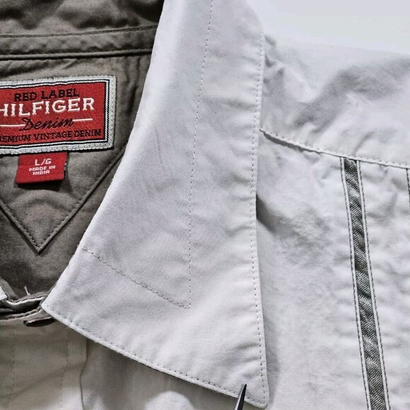 Red Label Hilfiger Denim Shirt Men L Cream Khaki LS Y2K Pearl Button Up Boho VTG - Picture 9 of 16